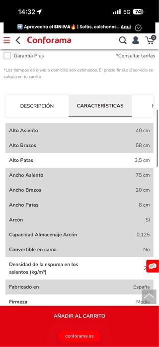 Sofá chaiselongue gris tela