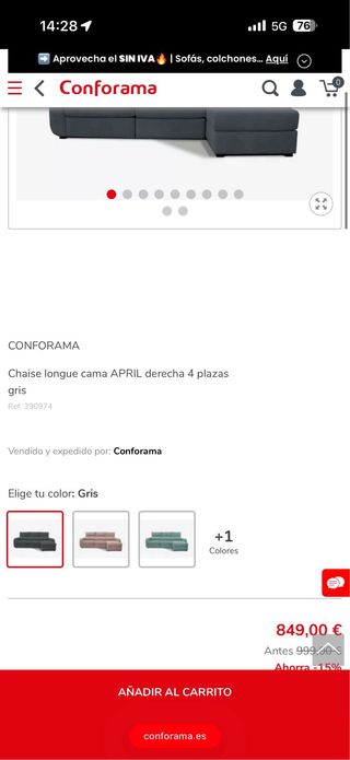 Sofá chaiselongue gris tela