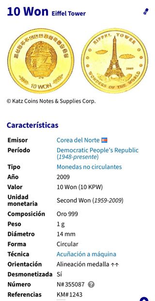 Moneda Oro 1 gr. Torre Eiffel 2009