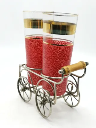 Carrello metallico con bicchieri di vetro di Murano