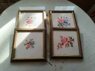 Quadri artigianali con fiori ricamati in cornice dorata