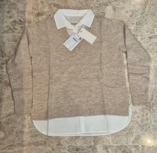 NUEVO. Jersey mujer cuello V con camisa beige M