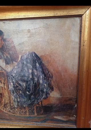 ANTIGUO CUADRO VINTAGE MUJER SENTADA EN MIMBRE