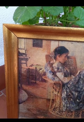 ANTIGUO CUADRO VINTAGE MUJER SENTADA EN MIMBRE