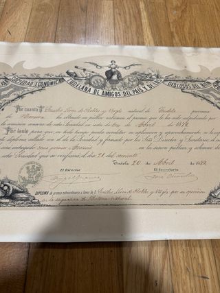 Diploma Antiguo Tudelana 1878 Amigos del País