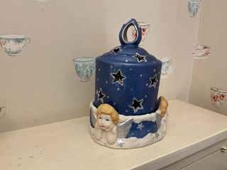 Portacandele ceramica blu con angeli