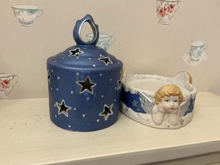 Portacandele ceramica blu con angeli