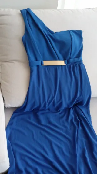 Vestido fiesta azul con detalle dorado