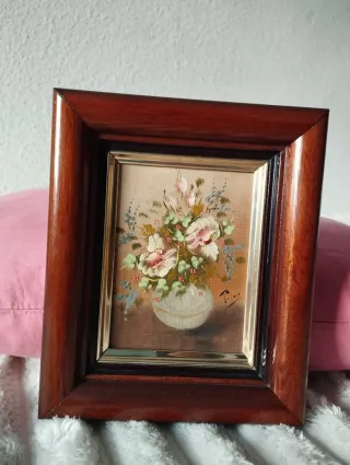 Piccolo dipinto floreale con cornice in legno
