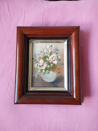 Piccolo dipinto floreale con cornice in legno
