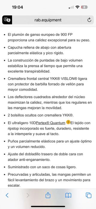 Chaqueta plumas Rab con garantia de 2 años.