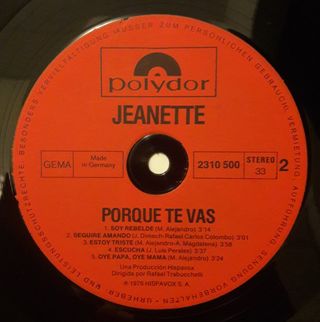 Vinilo Jeanette Porque te vas Soy rebelde