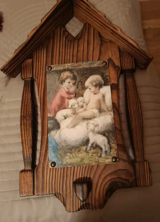Cuadro religioso madera niños y corderos
