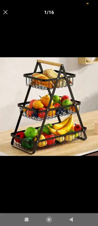 Frutero metálico de 3 niveles con madera