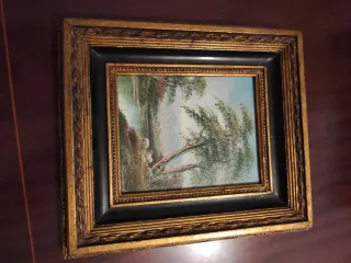 Quadro paisagem com casa e árvores