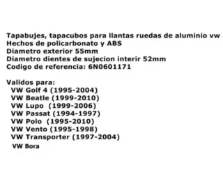 Golf Mk4 Tapabujes Vw 55mm Centro de Llantas Rueda