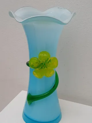 Vaso Murano Vintage Vetro Blu Fiore Verde