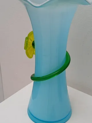 Vaso Murano Vintage Vetro Blu Fiore Verde
