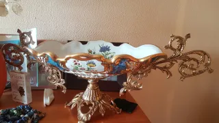 Frutero porcelana bronce dorado antiguo