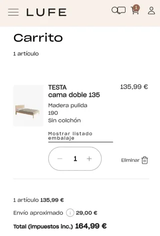 Cama doble madera 135cm Lufe cabecero y colchón