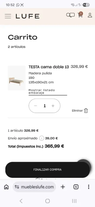 Cama doble madera 135cm Lufe cabecero y colchón