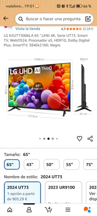 Smart TV LG 65" UHD 4K UT73