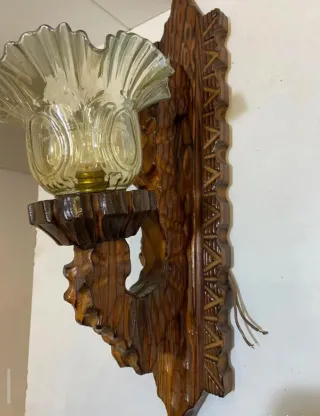 2 Lámparas Antiguas Madera Tallada Cristal