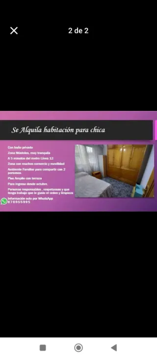 Alquiler de habitación para señora o señorita