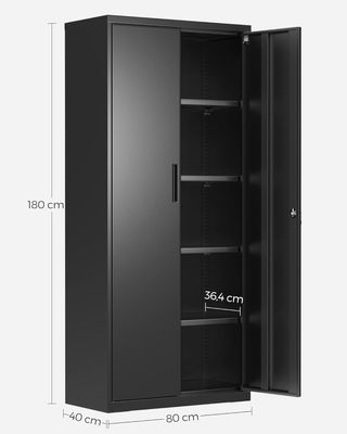 Armadio da garage con 5 ripiani e 2 ante, armadio per ufficio, 40 x 80 x 180 cm, 1 serratura, ripiani regolabili, armadio in metallo, nero opaco OMC015B01