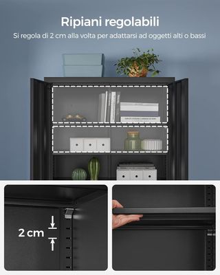 Armadio da garage con 5 ripiani e 2 ante, armadio per ufficio, 40 x 80 x 180 cm, 1 serratura, ripiani regolabili, armadio in metallo, nero opaco OMC015B01