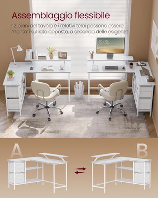 Scrivania per computer a L, scrivania ad angolo con 2 ampi cassetti e supporto per monitor, scaffale regolabile, per ufficio studio, bianco acciaio LWD098W01