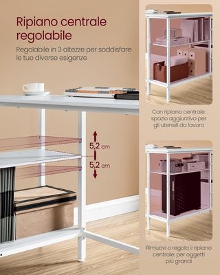 Scrivania per computer a L, scrivania ad angolo con 2 ampi cassetti e supporto per monitor, scaffale regolabile, per ufficio studio, bianco acciaio LWD098W01