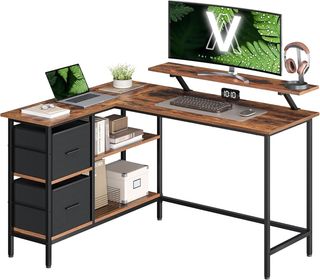 Scrivania per computer a L, scrivania ad angolo con 2 cassetti spaziosi e supporto per monitor, scaffale regolabile, per ufficio studio, marrone vintage LWD098B01