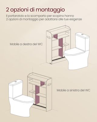 Mobile da Bagno, Salvaspazio, Porta Carta Igienica e Scomparto per Spazzola, Ante Scorrevoli, Ripiani Regolabili, Vicino al WC, 20 X 60 X 80 Cm, Bianco Nuvola BBC752W01