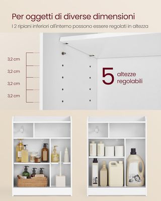 Mobile da Bagno, Salvaspazio, Porta Carta Igienica e Scomparto per Spazzola, Ante Scorrevoli, Ripiani Regolabili, Vicino al WC, 20 X 60 X 80 Cm, Bianco Nuvola BBC752W01