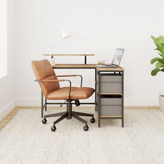 Scrivania per computer a L, scrivania ad angolo con 2 cassetti spaziosi e supporto per monitor, scaffale regolabile, per ufficio studio, marrone vintage LWD097B01
