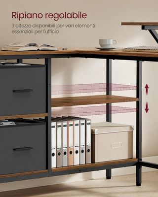 Scrivania per computer a L, scrivania ad angolo con 2 cassetti spaziosi e supporto per monitor, scaffale regolabile, per ufficio studio, marrone vintage LWD097B01