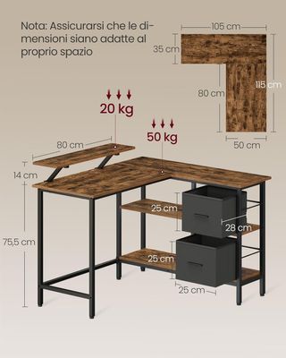 Scrivania per computer a L, scrivania ad angolo con 2 cassetti spaziosi e supporto per monitor, scaffale regolabile, per ufficio studio, marrone vintage LWD097B01