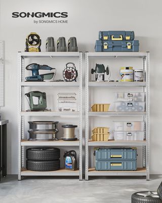 Set di 2 Scaffali in Metallo, Scaffalature con 5 Ripiani Regolabili, Senza Viti, Scaffale Salvaspazio per Garage, Magazzino, Capacità 875 Kg, 40 X 90 X 180 Cm, Argento GLR040E02