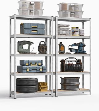 Set di 2 Scaffali in Metallo, Scaffalature con 5 Ripiani Regolabili, Senza Viti, Scaffale Salvaspazio per Garage, Magazzino, Capacità 875 Kg, 40 X 90 X 180 Cm, Argento GLR040E02