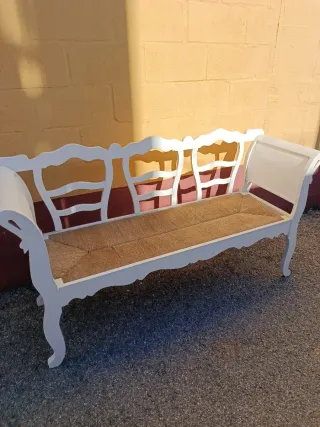 Bancada antigua madera blanca y yute