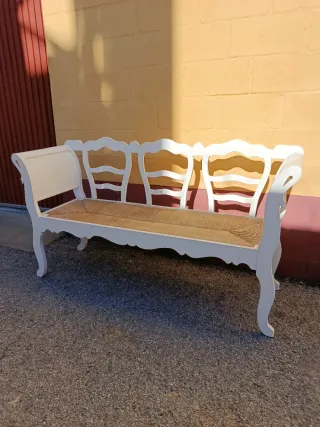 Bancada antigua madera blanca y yute