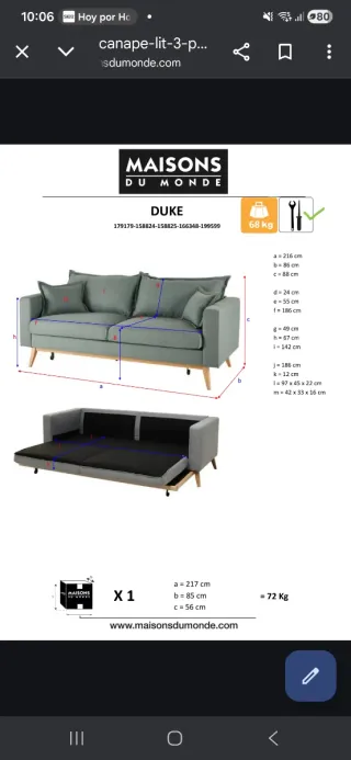 Sofá 3 plazas tela y madera