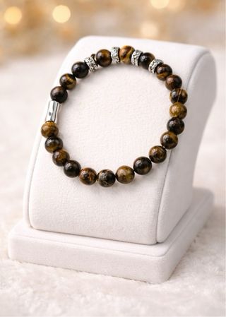 Pulsera bolas elástica color carey y baño de plata