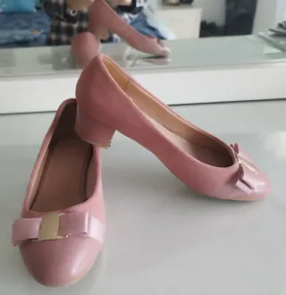 Zapatos Bailarinas Piel Tacón Rosa y Dorado charol