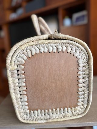 Cesta antigua mimbre y madera 32x22x20