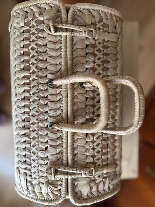 Cesta antigua mimbre y madera 32x22x20