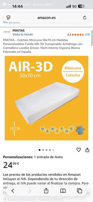 Colchón a medida mini cuna 50x70