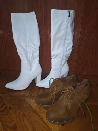 Botas altas blancas y botas bajas color cafe claro