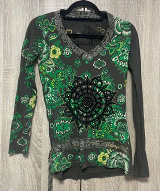 Camiseta Desigual Verde y Gris - Bordado Mandalas
